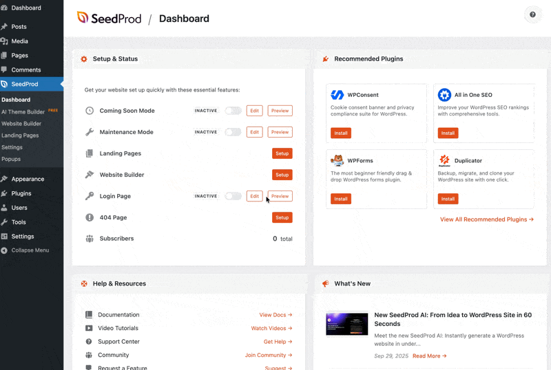 Animated preview showing the new SeedProd dashboard workflow and transitions between panels.