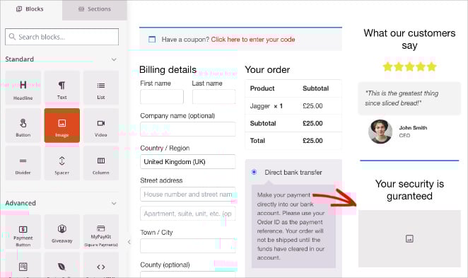 Adding an Image block below the checkout section in the SeedProd builder.