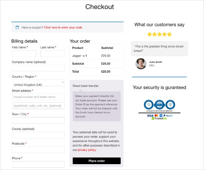 Custom WooCommerce checkout page built with SeedProd showing trust badges below payment section.