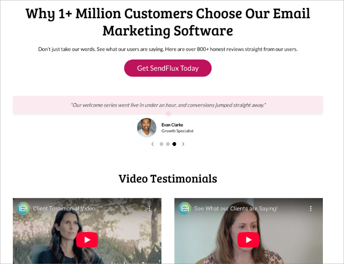 Published testimonial page example showing customer reviews and visuals.
