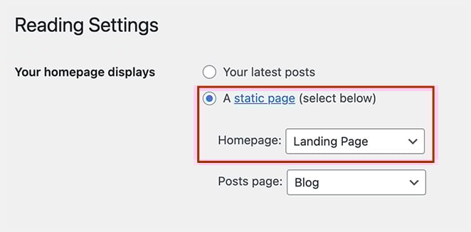 landing-page-static-homepage - SeedProd Screenshot highlighting the WordPress reading settings with a static page set and the landing page set as the homepage
