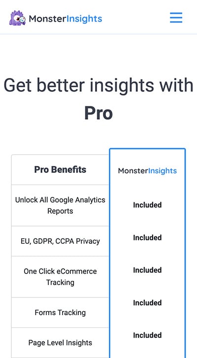 MonsterInsights mobile landing page example