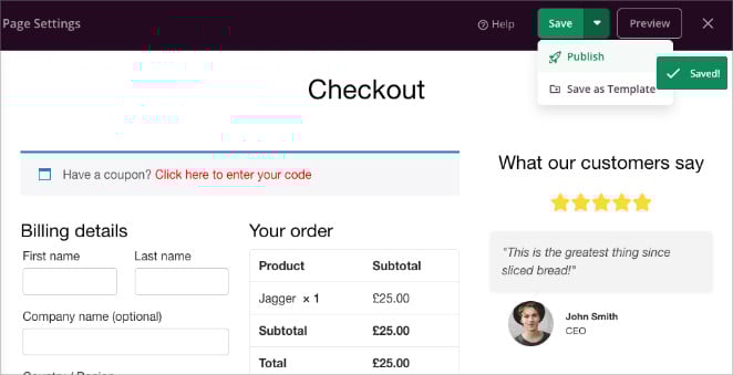 Publishing the custom WooCommerce checkout page in the SeedProd builder.