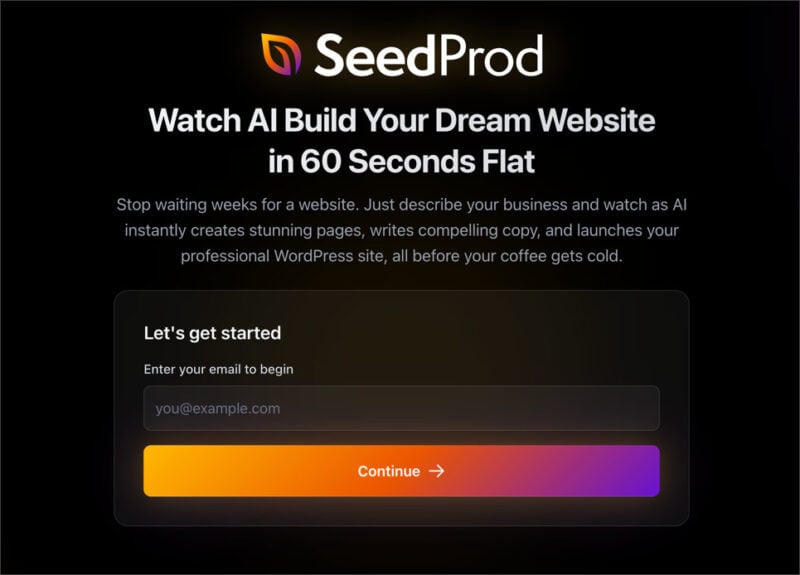 Screenshot - SeedProd SeedProd AI dashboard showing the AI website builder inside WordPress