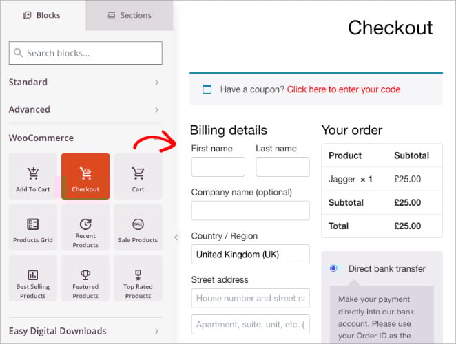 Dragging the WooCommerce Checkout block into the SeedProd page layout.
