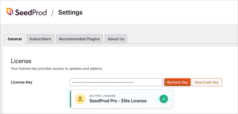 SeedProd license activation screen inside the WordPress dashboard.