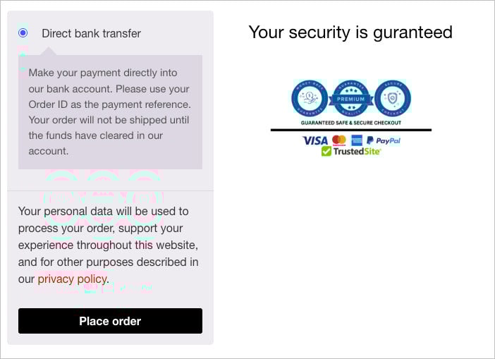 Example of WooCommerce checkout layout with trust badges placed near the Place Order button.