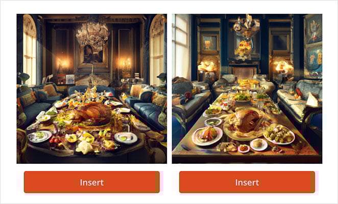 Two background image variations of a lavish feast laid out on tables in an elegant dining room, each image with an 'Insert' button below it.