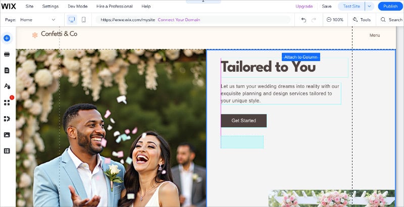 Wix drag-and-drop editor showing freeform page layout editing for a service business site