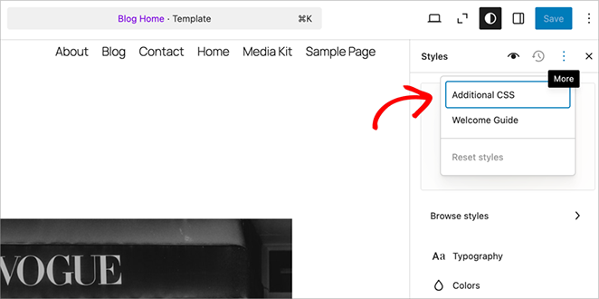 Opening additional CSS in WordPress full site editor