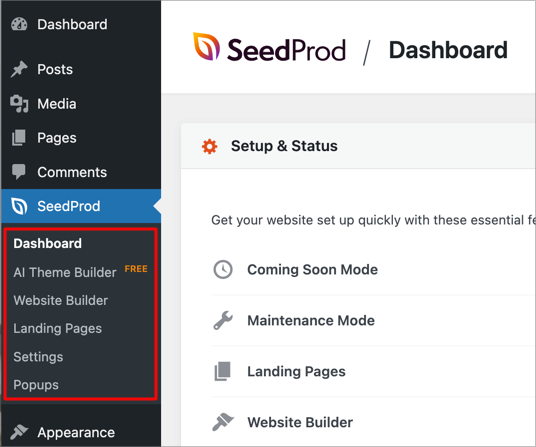 Redesigned SeedProd sidebar menu showing Dashboard, AI Theme Builder, Website Builder, Landing Pages, and Settings.