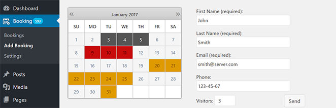 Booking Calendar plugin booking request form