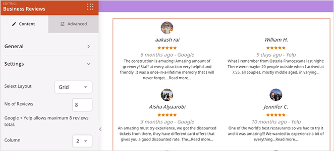 business-review-block-settings - SeedProd Business reviews grid layout settings