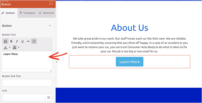 button-block-settings-seedprod - SeedProd Customize button block styles for a WordPress service page