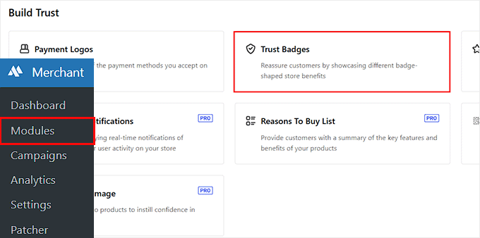 Enabling the Trust Badges module in Merchant plugin settings for WooCommerce.