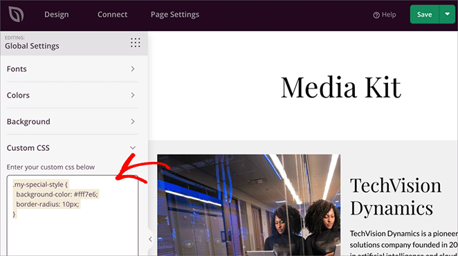 Using the custom CSS class to change the heading block CSS