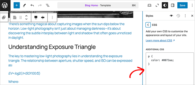 how to add custom CSS in WordPress using the full site editor