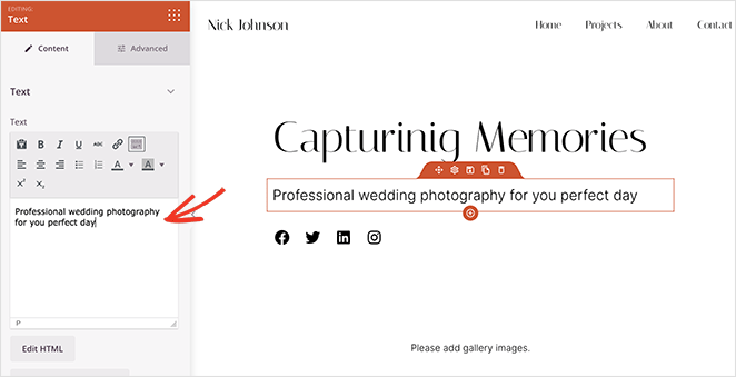 customize-photography-website-text - SeedProd Edit WordPress homepage headline and text