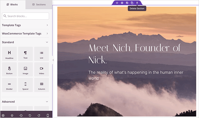 delete-page-builder-section - SeedProd Remove homepage template section