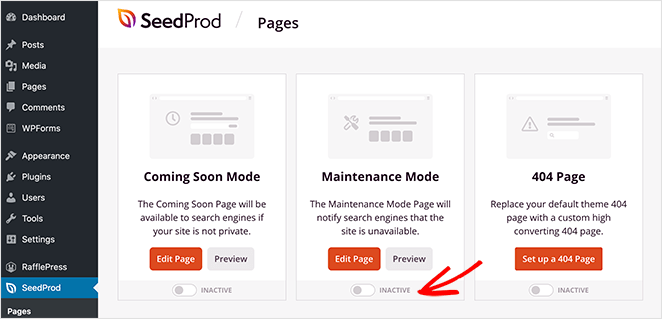 Switch off WordPress maintenance mode from the SeedProd Pages screen
