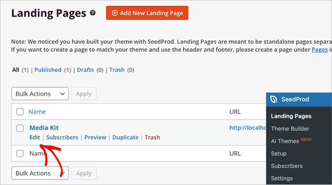 Editing a WordPress landing page in SeedProd