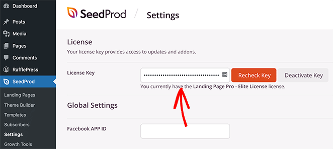 Activate SeedProd Pro by entering license key in plugin settings