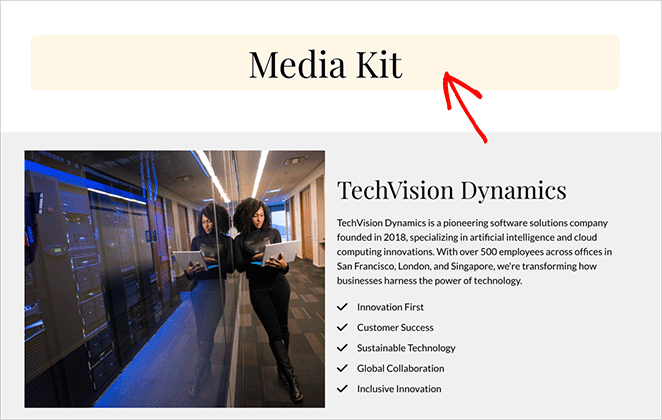 Example of eading block customized using custom CSS class in SeedProd