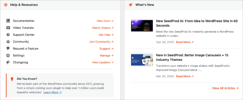 SeedProd dashboard panels for Recommended Plugins, Help and Resources, and What’s New updates.