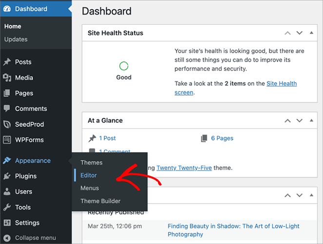 Opening WordPress full site editor