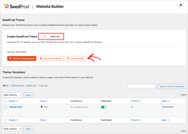 SeedProd Website Builder dashboard with theme import and export controls and toggle to enable the active SeedProd theme.
