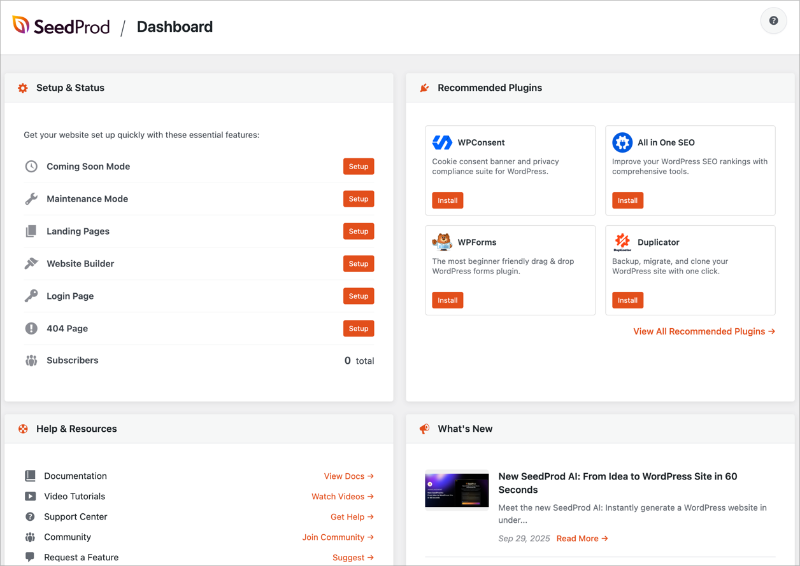 New SeedProd dashboard showing simplified layout with main panels for setup, landing pages, and website builder.