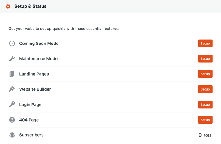 Setup and Status panel in SeedProd showing options to enable Coming Soon Mode, Maintenance Mode, Login, and 404 pages.
