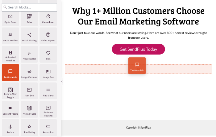 SeedProd testimonial block placed on a landing page layout.