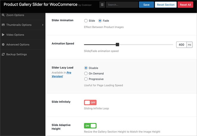 WooCommerce product image slider settings