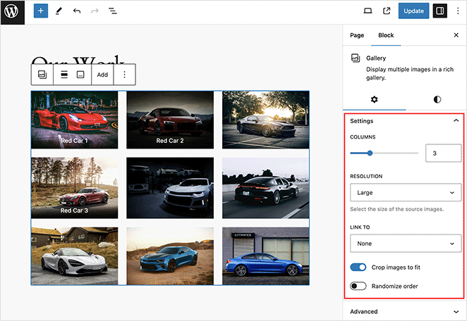 WordPress gallery settings