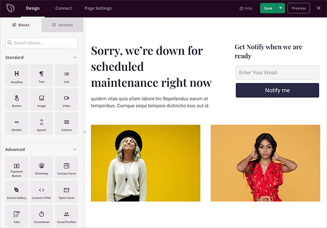 Visually edit your maintenance mode layout using SeedProd builder