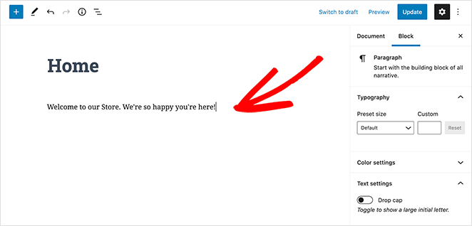 write-home-page-welcome-message - SeedProd write your home page welcome message using the paragraph block