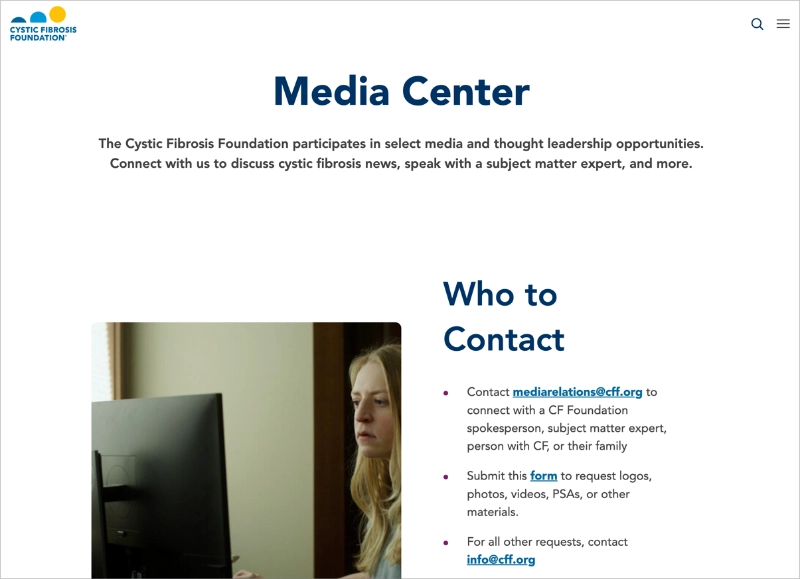 cystic-fibrosis-foundation-press-page - SeedProd Cystic Fibrosis Foundation media center with contacts and resources