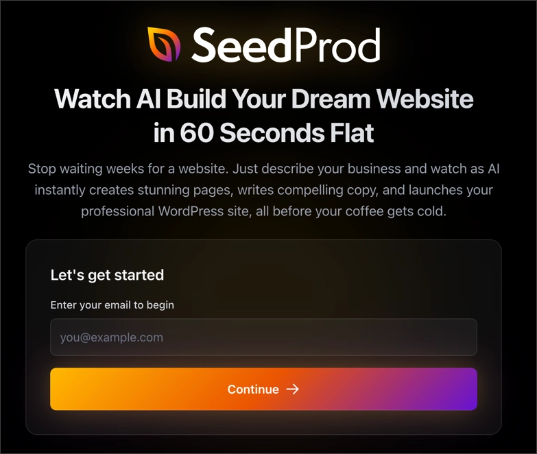 SeedProd AI homepage with option to enter email address to get started