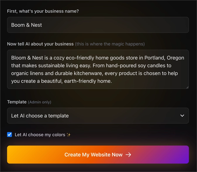 Form in SeedProd AI to enter company name and business description